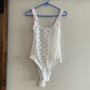 White Lace Bodysuit with Pink Trim